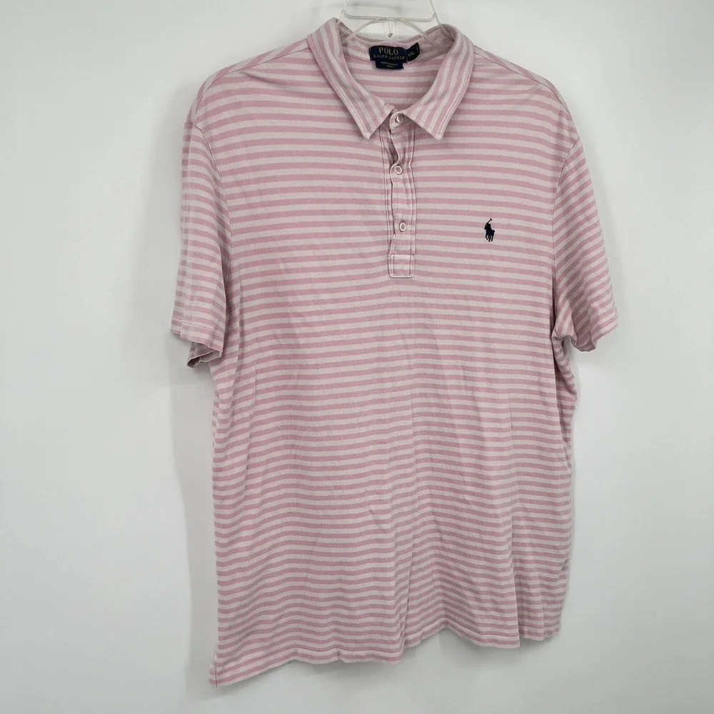 Ralph Lauren Polo Shirt Mens‎ XXL Pink White Stripe Golf Feather Weight Mesh